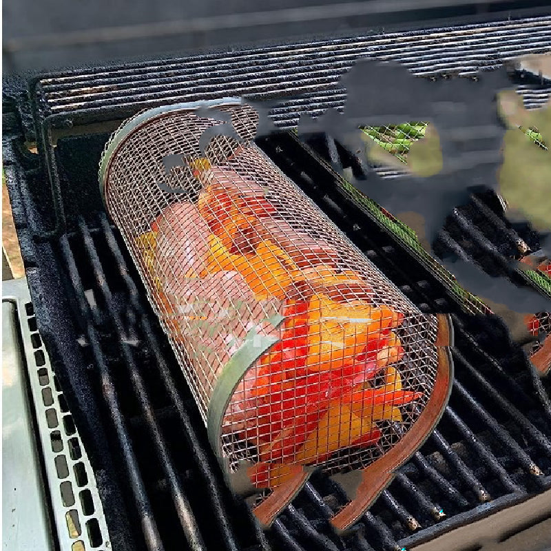 Round Rolling Grill Basket Outdoor Camping Barbecue Rack BBQ Accessories  Tool